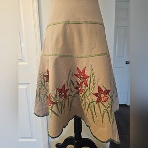 Basil & Maude Embroidered Floral Tan Skirt